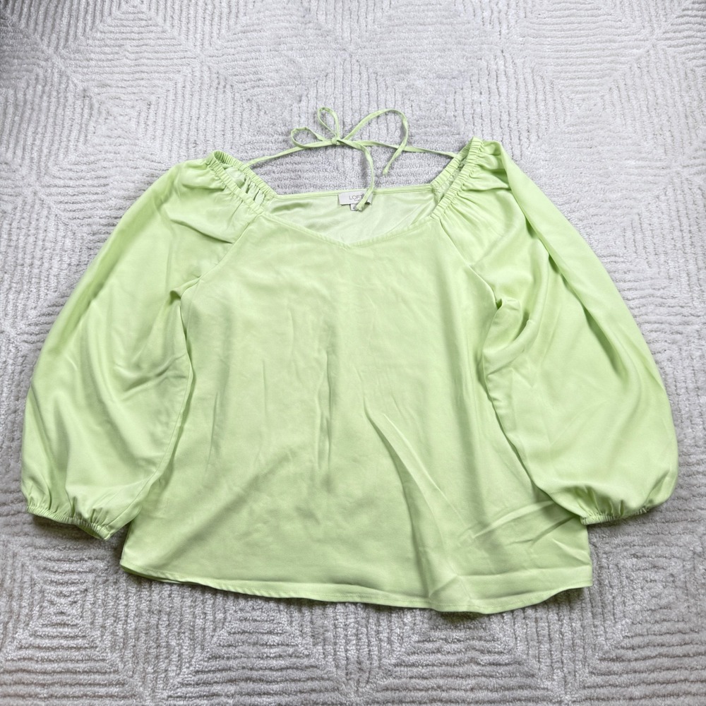 LOFT Outlet Satin Balloon Sleeve Blouse Womens M Green Romantic Boho Chartreuse